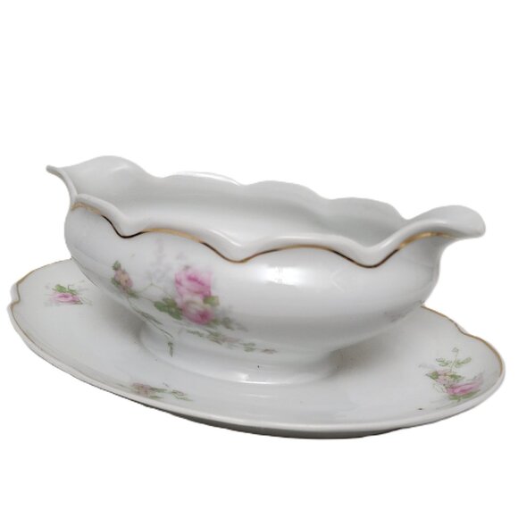 Austrian Carlsbad Handpaint Gold Leaf Gravy Boat  w/Attachd Underplate Antique - Picture 5 of 7